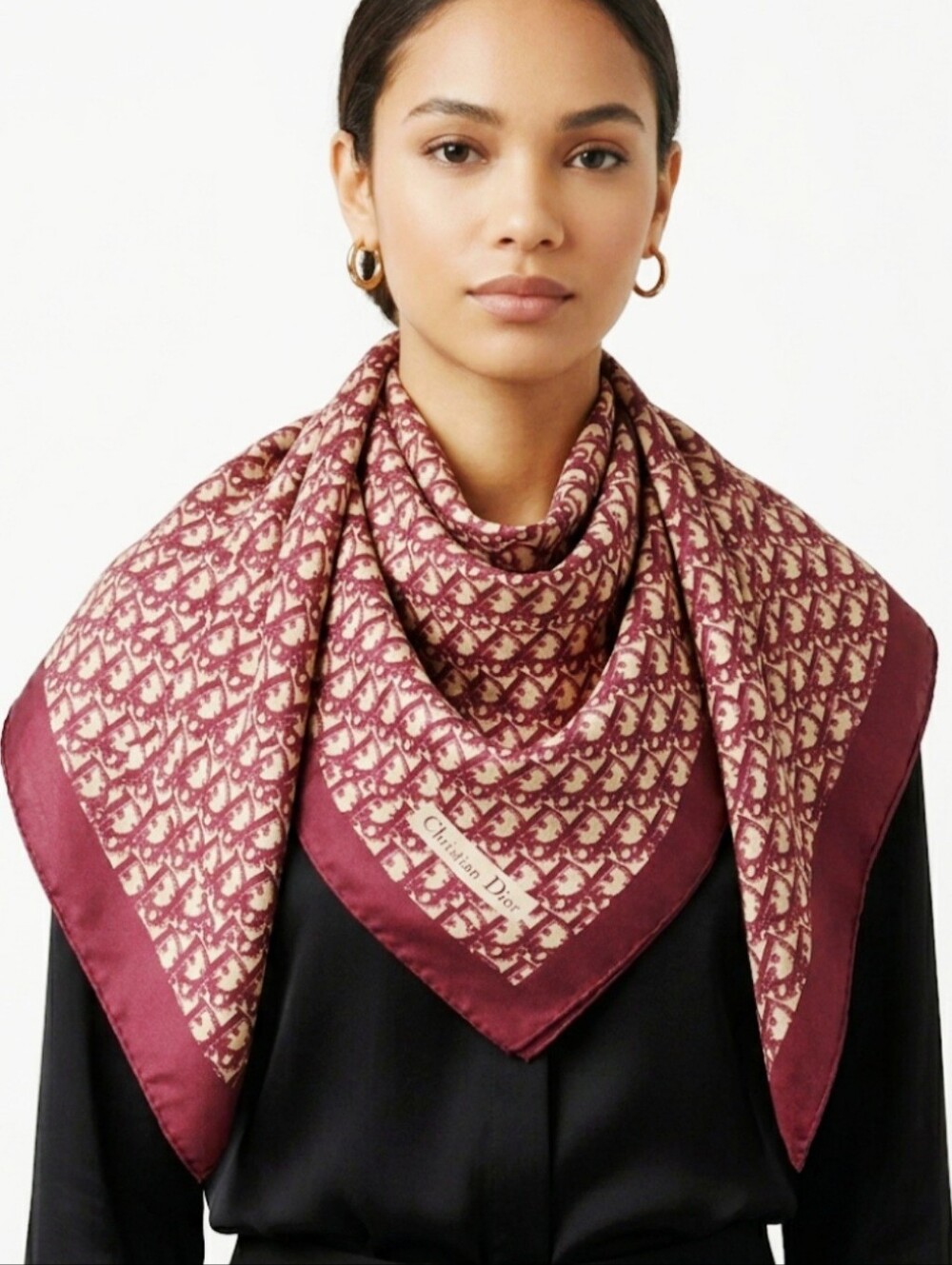 Christian Dior Burgundy & Cream Oblique Monogram Silk Scarf
